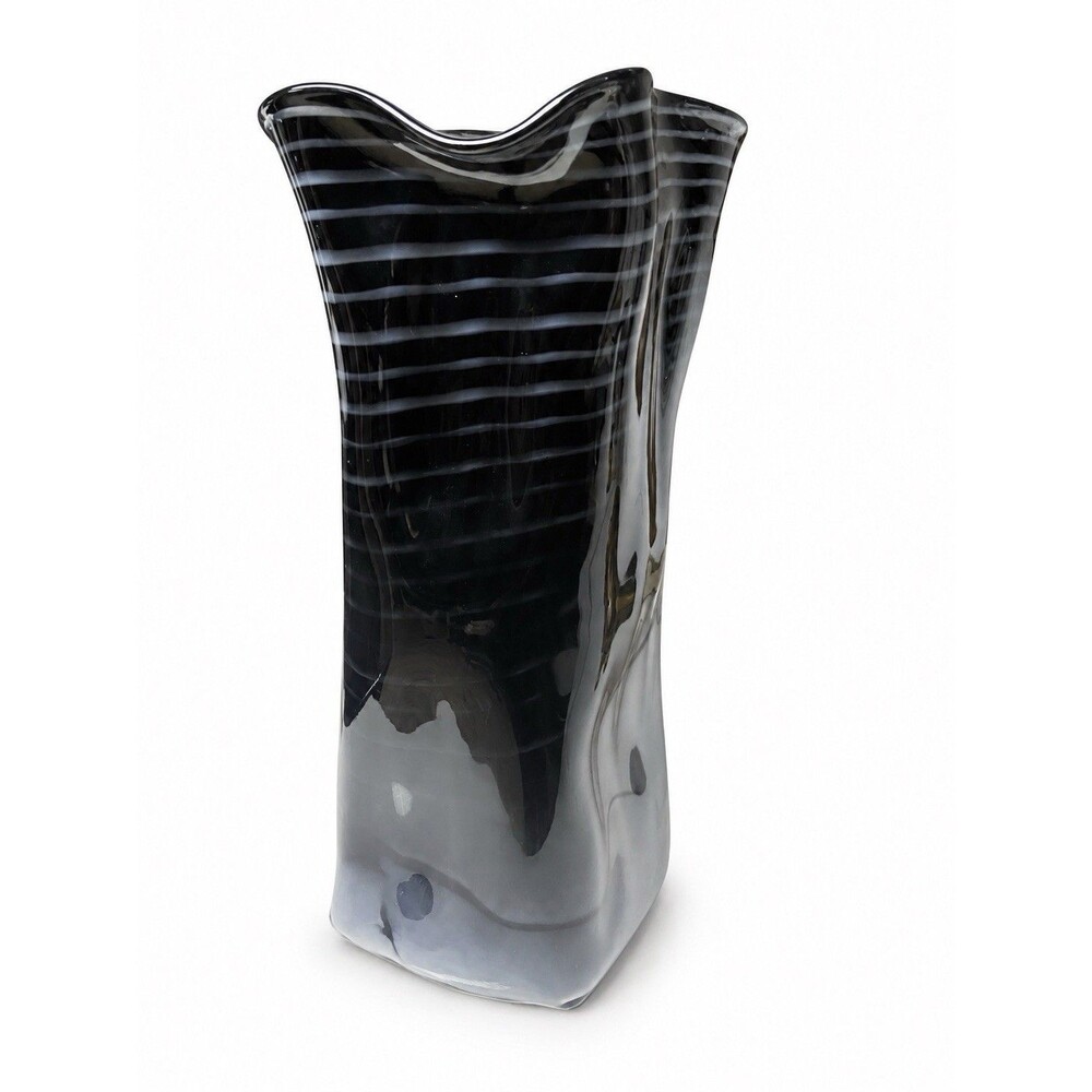 Signed Abstract Black Art Glass Vase - 14”